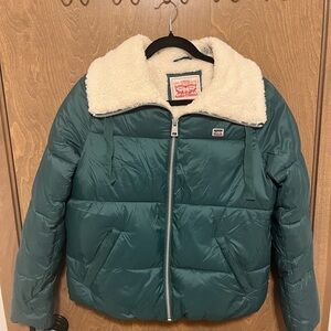 Levi's Teal Green Puffer Jacket with Cream Sherpa Lining